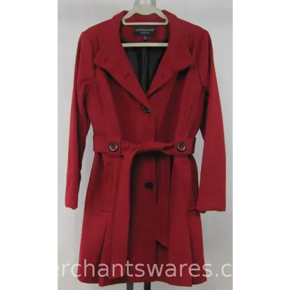 NWOT- CentiGrade Outerwear SASSY PANTS Red Wool Belted Trench Coat, Size: Med, - Picture 1 of 8